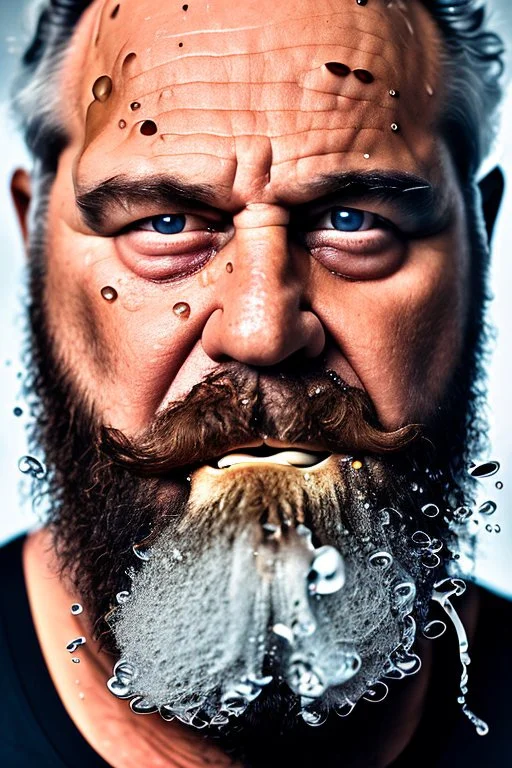 extreme close up photography, dirty burly chubby sicilian ugly strong 55 years old redneck man with the tongue out , full of splashing milk in the face dripping on the beard, with dirty tank top, emotional eyes, manly chest, photo, Canon EOS, lens 35mm, natural lights, 8K, in the morning -