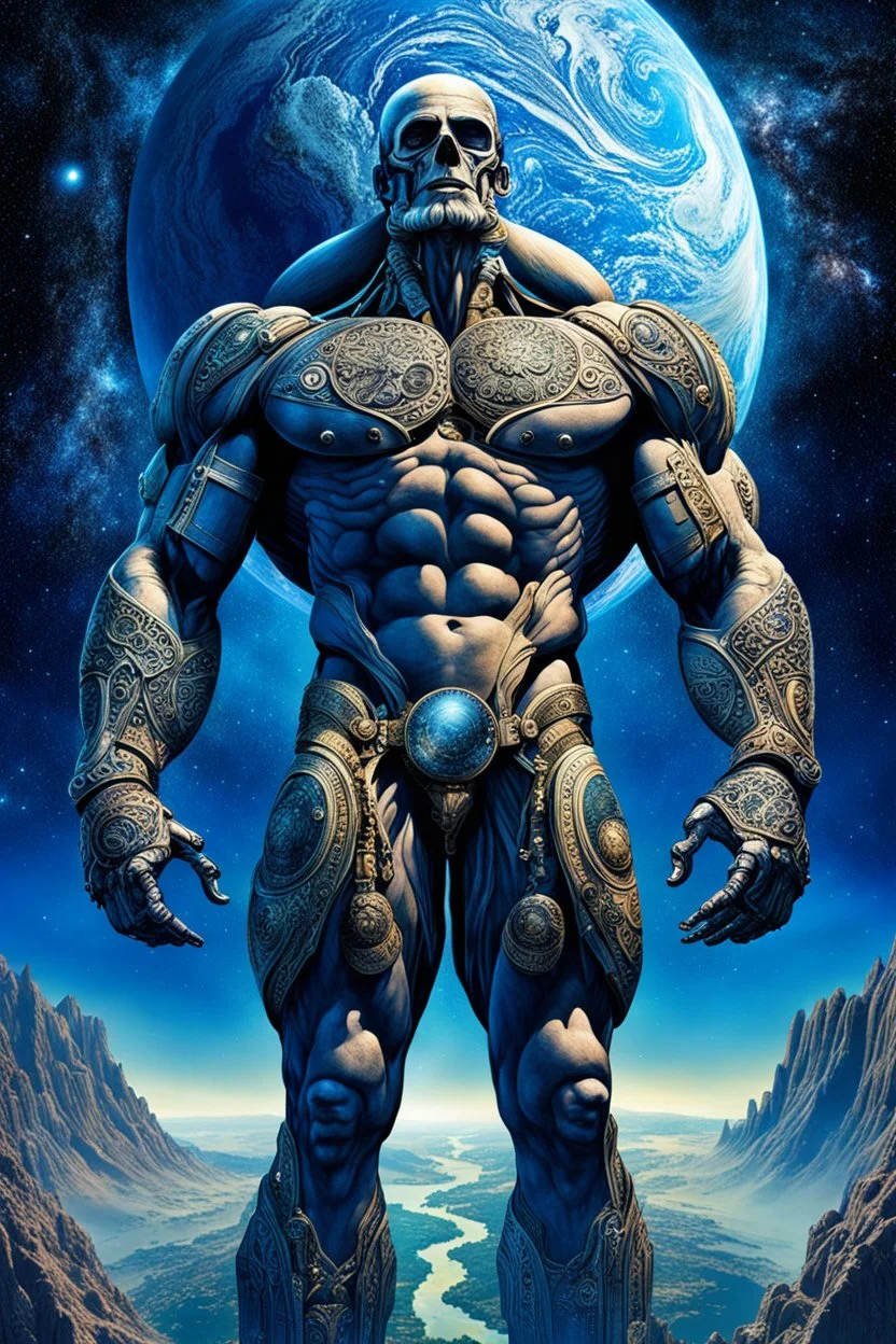 Very strong tall Titan holding the massive and beauty Earth on his back, background the deep blue sky with stars and nebula, ultra detailed, intricate details, cinematic, movie poster, perfect composition, masterpiece