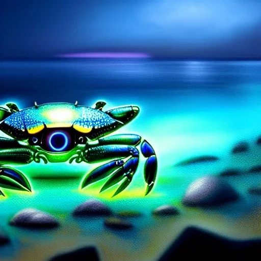 ultra detailed fullbody Drawing of a Cyborg alien metallic Gigantic Blue Crab on the shore ,with glowing Green eyes, extremely detailed digital painting, intrincate, extremely detailed face,crystal clear Big eyes, in the style of Pixar , mystical colors , perfectly centered image, perfect composition, rim light, beautiful lighting, 8k, stunning scene, raytracing