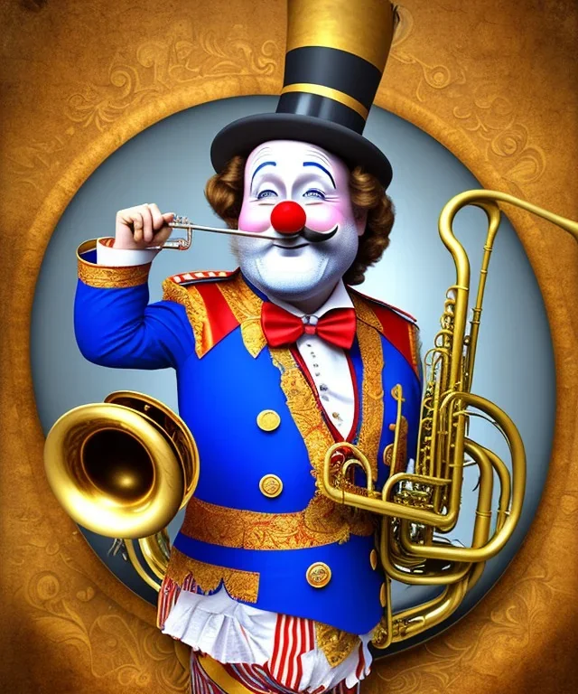 happy old friendly clown with round head and trimmed beard playing jazz with a steampunk theme, trumpet, circus, realistic