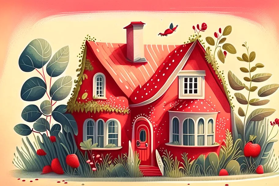 House illustration, realistic, detailed, illustrative, childrenbook style, Red house, cute plants, straberry