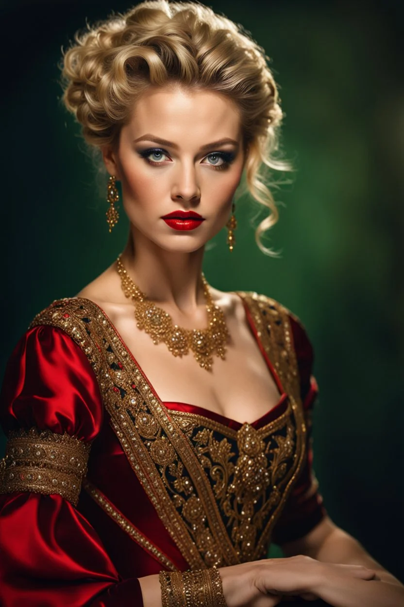 Hollywood photo Rembrandt perfect green eyes, bright red lips, blonde hair, front face, front look, full pose, fantastic face, Caucasian, beautiful look, detailed elegant gold and red dress, Victorian black formal dress, elegant hair up, indigo tones background, ultra focus, illuminated face, detailed face, 8k resolution, sharp focus, studio photo, intricate details, highly detailed