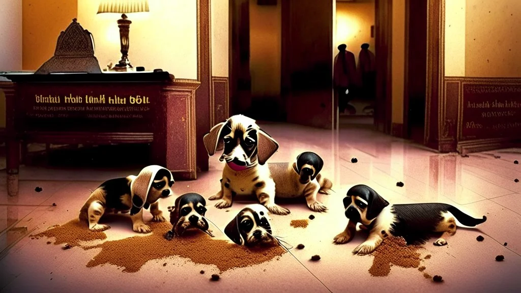 indian hotel front desk with dirty puppies pooping all over the carpet