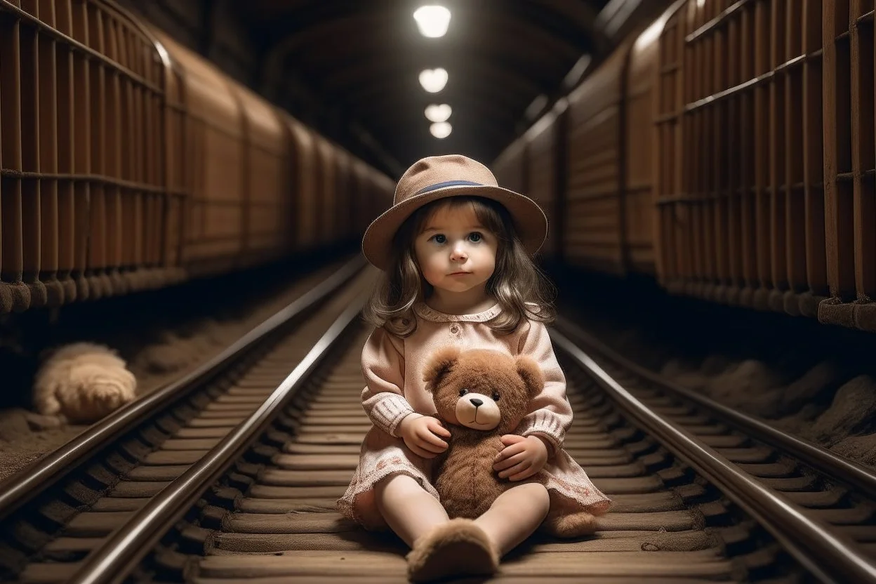 in a tunnel little girl is holding a teddy bear next to train tracks