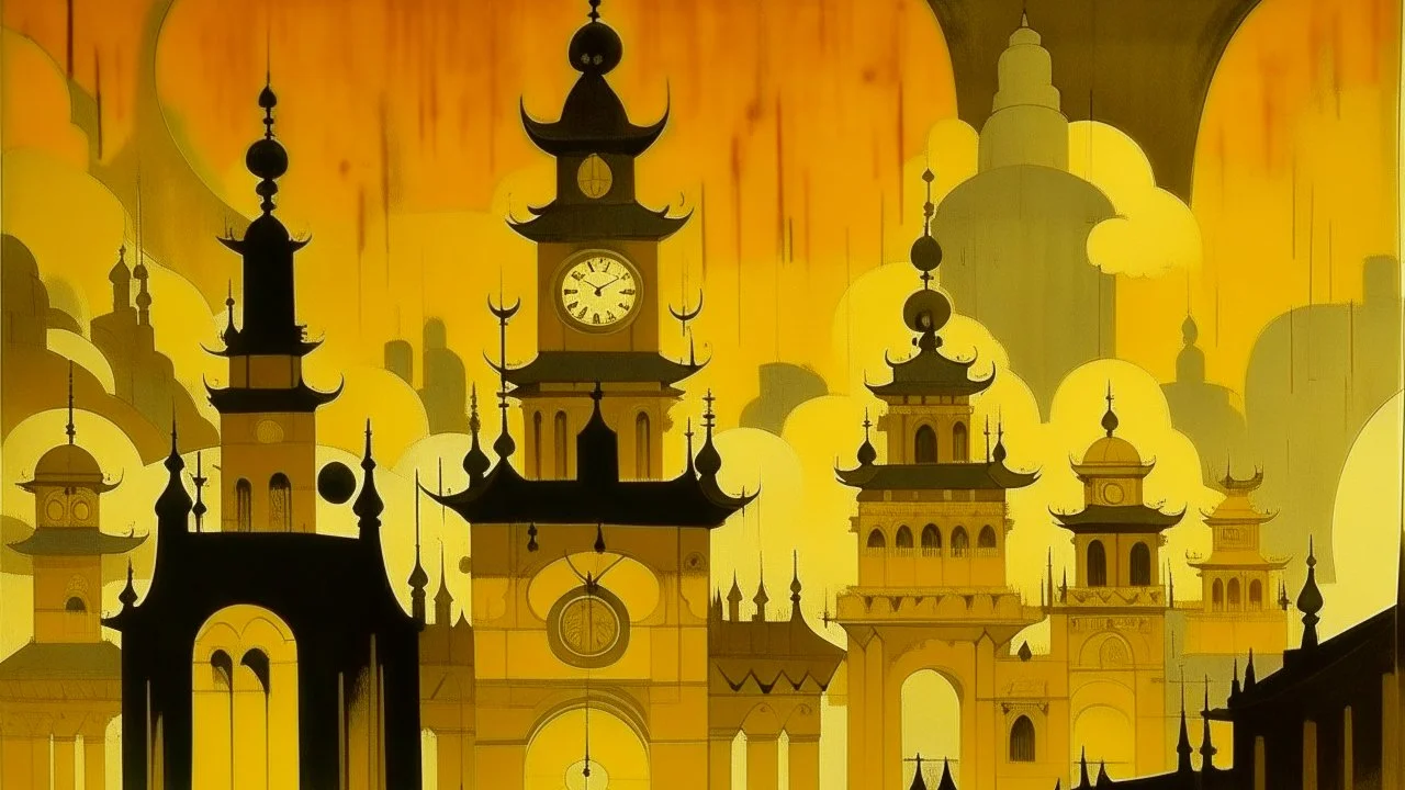 A golden temple with old clocks painted by Lyonel Charles Feininger