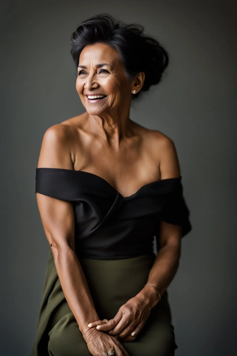 Portrait of a 60 year old Olive skinned woman, dark hair with hints of grey pinned up in a loose bun, happy expression