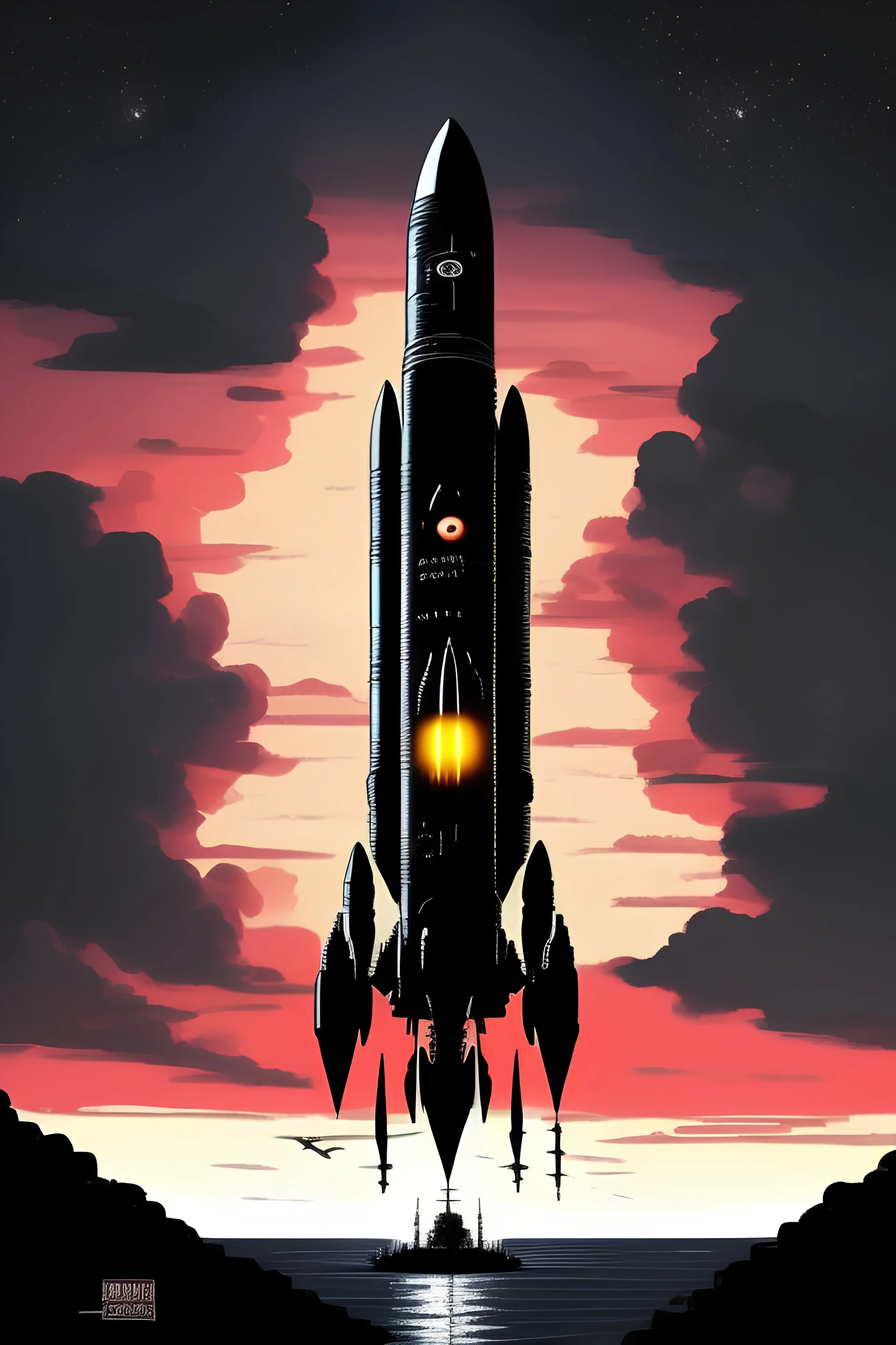 sci-fi black rocket, with a massive body, the light is coming from the left, and the ship is enormous, and in the same time looks slim