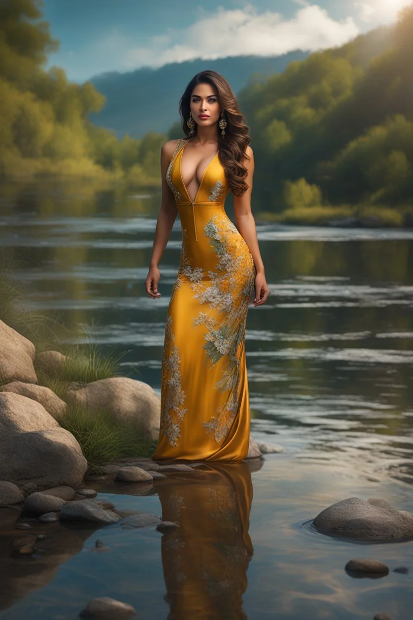 full shot body photo of the most beautiful artwork in the world featuring model, happy mood, High Detail, dramatic, photo realistic, ultra sharp, ultra hd, hyper realistic, ultra realistic, ((((dress)))), trending on artstation, sharp focus, studio photo, intricate details, highly detailed, standing in nice pose in country side with river ,water fall ,rocky valley,mountains at background, pretty clouds