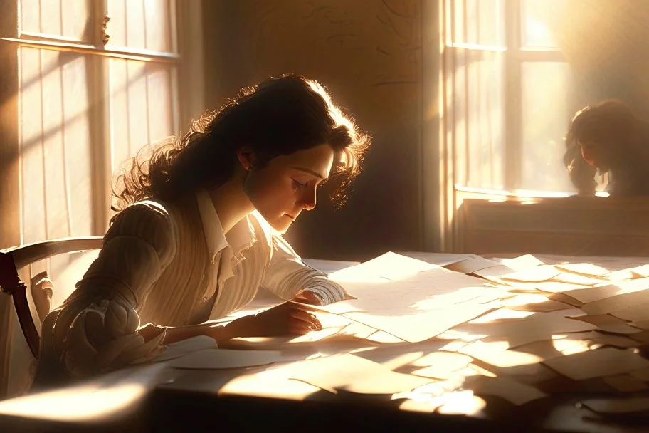 A pretty brown-haired woman sits in front of a table covered with handwritten letters, looking at them perplexedly, in an elegant room in the sunlight.