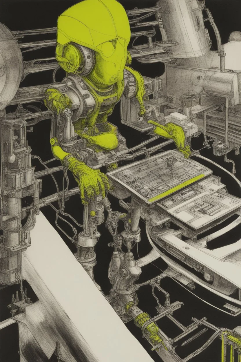 technological acceleration and puritan backlash; black and white Ink wash with Chartreuse accents