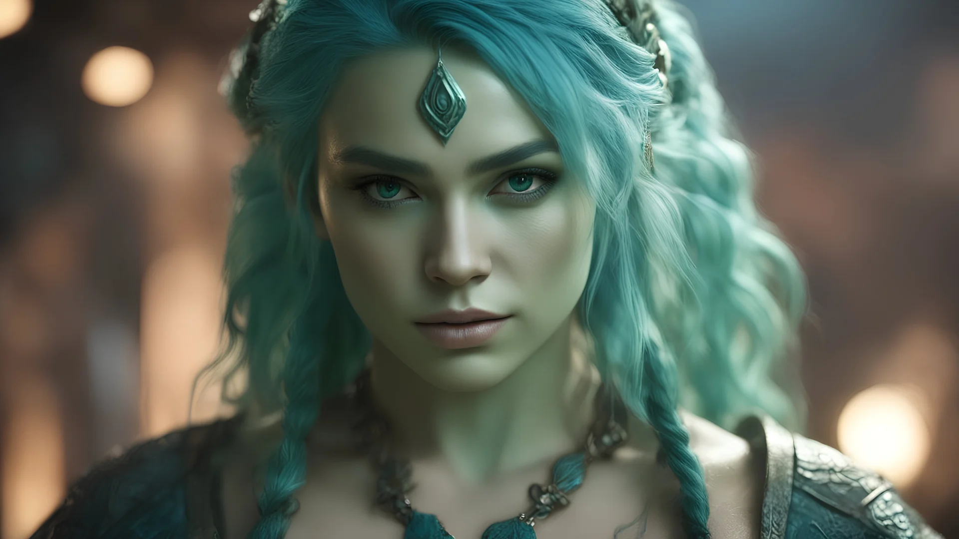 Photoreal gorgeous green-blue triton ranger scaled woman with green-blue scaled green-blue skin and green-blue hair, looking like florence pugh in a brightly lit but smokey old mayan tavern by lee jeffries, otherworldly creature, in the style of fantasy movies, photorealistic, bokeh masterpiece smooth shading, ultra detailed, high resolution, cinematic, unreal 6, subtle shadows, octane render, 8k, cinema 4d, HDR, dust effect, vivid colors