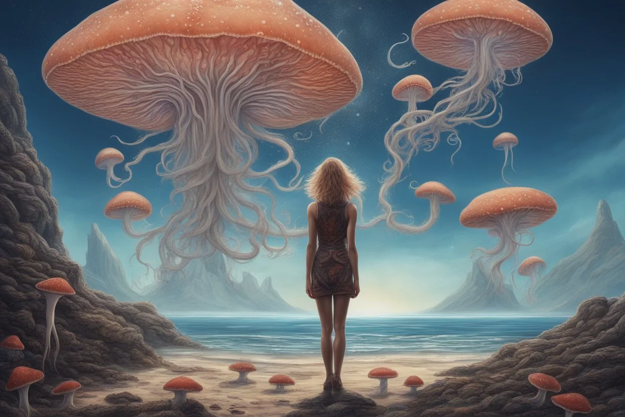 woman in a form-fitting outfit, standing on a beach of an alien world, watching mushrooms with jellyfish tentacles in the sky, photorealistic, Deep Colour, Fantastical, Intricate Detail, sunshine