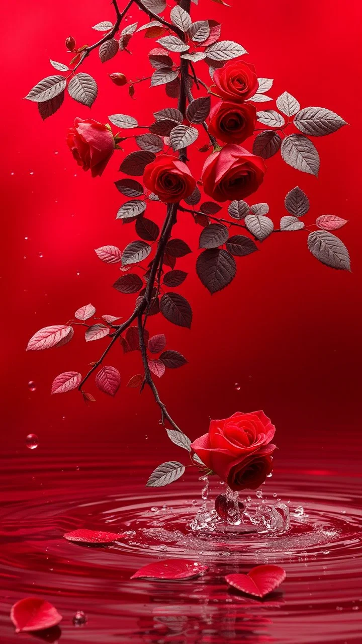 The image is a digital artwork that depicts a red branch of red tree of Red roses and red leaves tangling in to a water in the river with aThe rose floats on the surface of the water, creating a wave-like effect. The background is red , which makes a branch of a tree of red roses stand out even more. Water droplets are scattered adding to the dreamy, ethereal quality of the image.all leaves and background are red