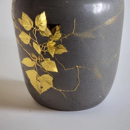 photo of a cracked ceramic vase repaired with gold, kintsugi, beautiful, vines and leaves, rosebuds, delicate, cinematic, high detail, beautiful composition, delicate arrangement, aesthetic, soft lighting, award winning photography, tender