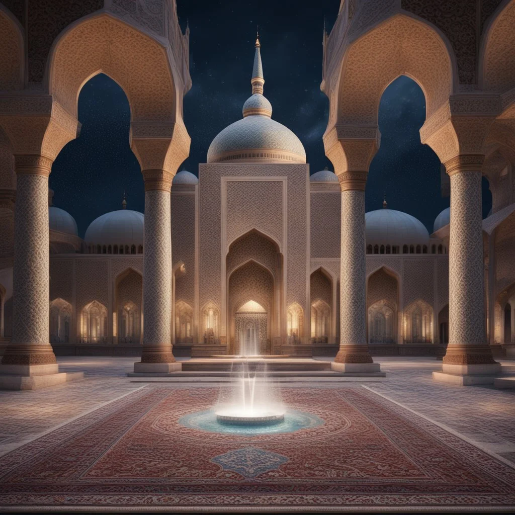 Hyper realistic Outside historical Mosque with detailed glass work on pillars with beautiful carpet & water fountain at night