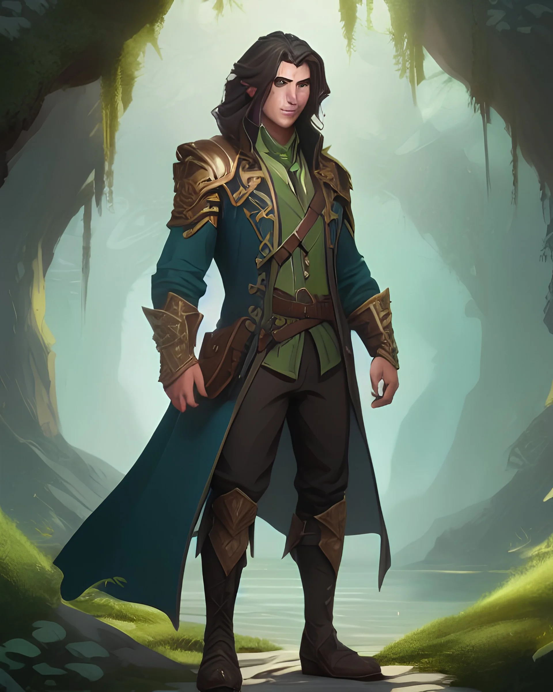 please create a full body image, medium portrait and small portrait of a tall, young, male character with mid-length hair and fantasy clothing, generally looking similar to @mossy_socks on instagram