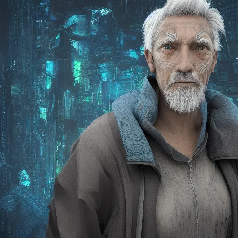 3D render of a cyberpunk tribal old man, gray hair and goatee, on a dark blue jungle background, digital art