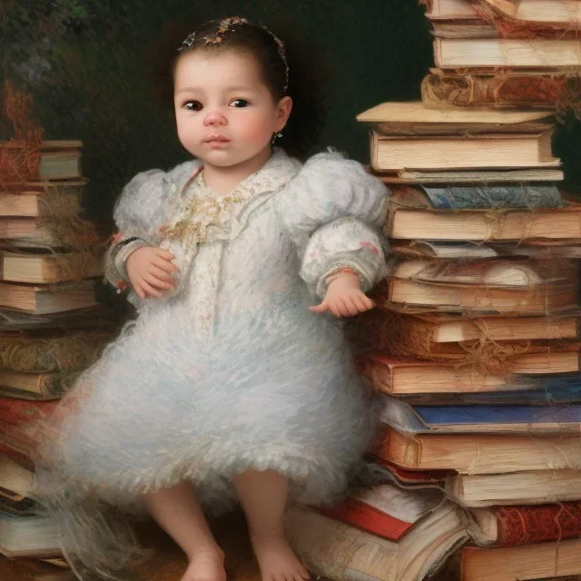 Smart biracial baby girl on pile of books by Monet