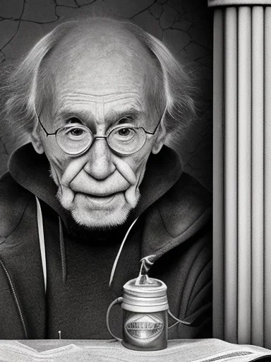 a protrait of harry potter a begger sitting inside a subway station in london. He is 80 years old, caucasion, thin with balding hair. In one hand he is holding a magic stick and the other hand is stretched out to beg. Black and white photograph hyperrealistic photorealistic photography