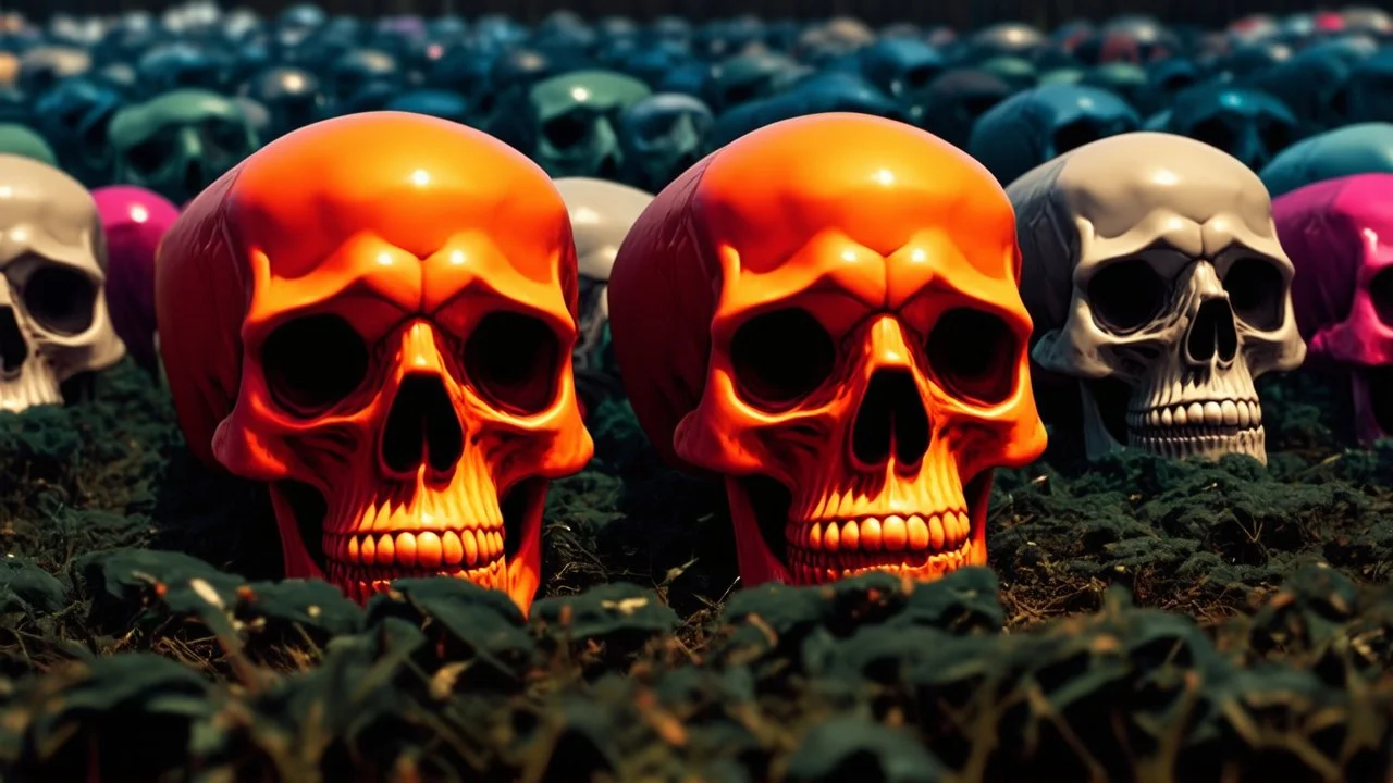 a field of 1000s of cartoonish, anatomically correct, skulls, vivid RANDOM BRIGHT neon colors, dark comedy, well lit, high detail, photorealistic, horrorcore, fun, scary, none featured, each a different color or hue,