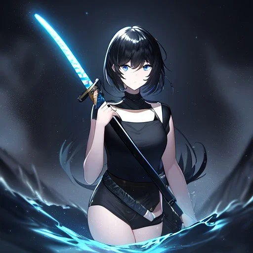 Clear focus,High resolution, black short fluffy hair, long fluffy bangs, and dark blue eyes, Depressed girl, wearing a black short shirt with a black sleeveless crop top, dark aura, controlling water, in a black room, holding a katana