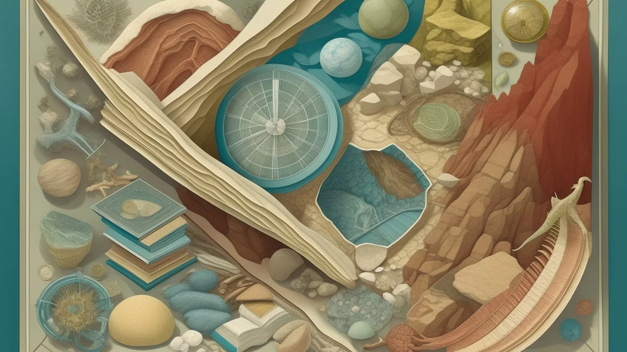 modernist style, Detailed geology textbook cover illustration featuring various rock and mineral samples, fossils, and scientific tools arranged in an educational and visually appealing layout, art nouveau, soft colors