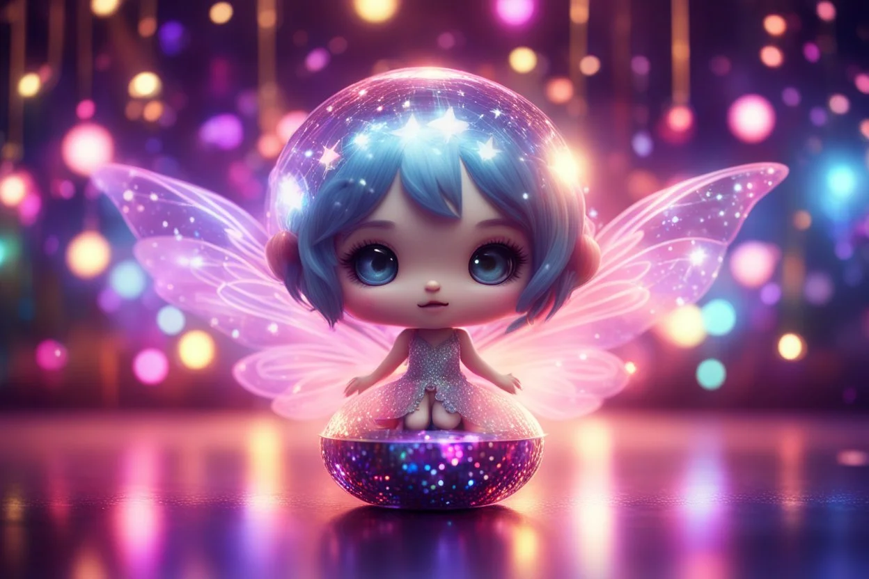 cute chibi fairy in a disco, mirror ball, in disco lights, ethereal, cinematic postprocessing, dof, bokeh Weight:1 detailed matte painting Weight:0.9