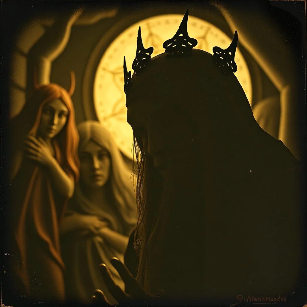 Daguerrotype close up some mysterious figures, odd background, Hieronymus Bosch Max Ernst ambient light, by Minicavio Quollati and Marlost Endgulp, Amano, Botticelli, Alphonse Mucha