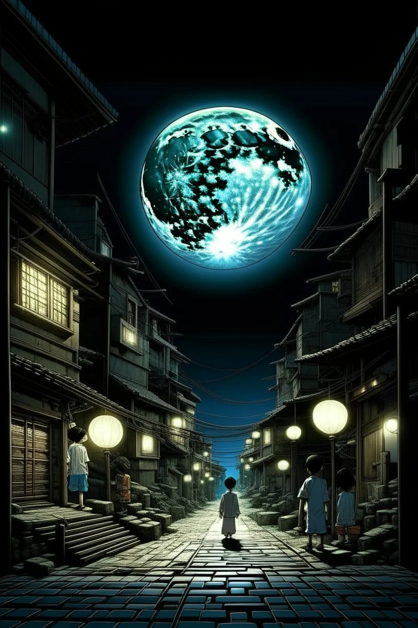 THE MOON HIDDEN SHADOWY FIGURES LABIRINTHINE STREETS STYLE OF HIROKU OGAI