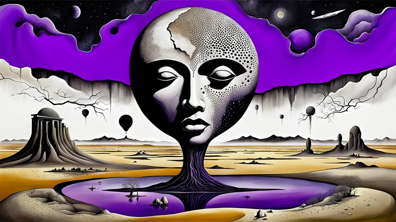 inner world with uncontrolled mind and soul, in midle a big head statue stands on little floating island over deep Sahara, around surreal cracked painted weird land with some black doors. dark purple, gray, black, white, brown. Whimsical style of Chagall , of Minjae Lee and René Magritte, lonely face with absurd beauty. broken, weird bizarre absurd nightmare, labirynth, dark vision, neuron network background, surreal vibe