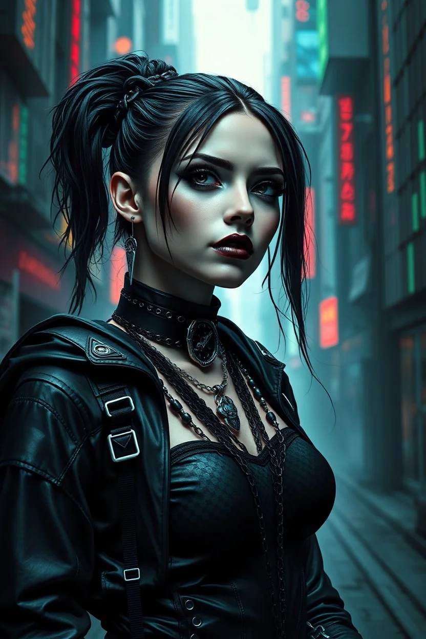 cyber-goth warrior woman in black makeup, black cyber-goth clothes with matrix style, utopistic scifi, dark colors, fashion, random matrix city background, high detailed, high realistic