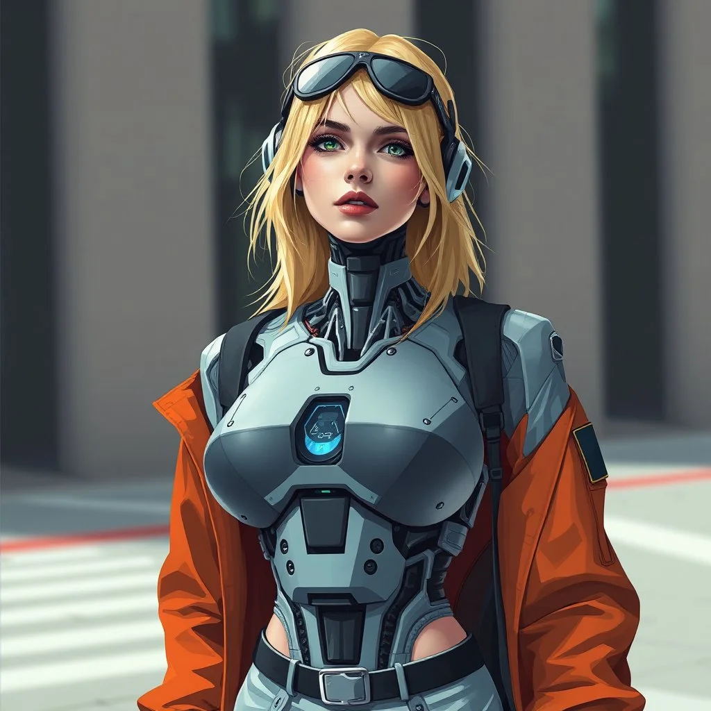 a blonde woman with a robot torso wearing streetwear, cyberpunk, digital art, stylised