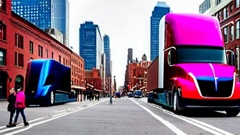 A Tesla semi-truck is racing at top speed, on the South Street Seaport, in New York. CINEMATIC. WIDE ANGLE LENS. PHOTO REAL.