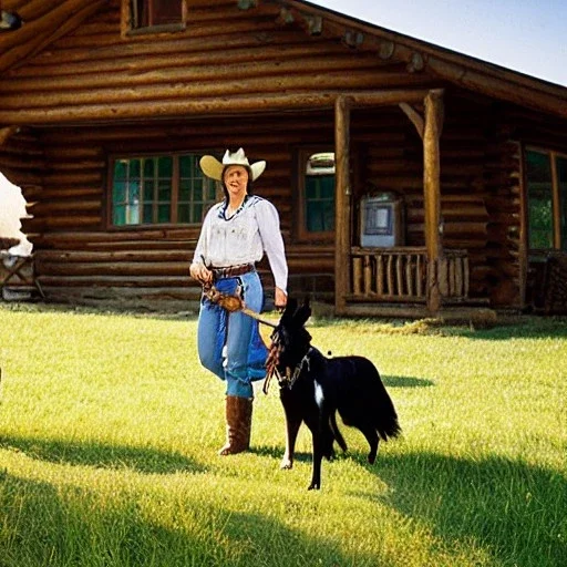 cowgirl in front of cabin with a border collie dog, 8k, high-quality, ultra-fine detail, Brian Froud, Howard Lyon, Alfredo Rodriguez, Jack Sorenson