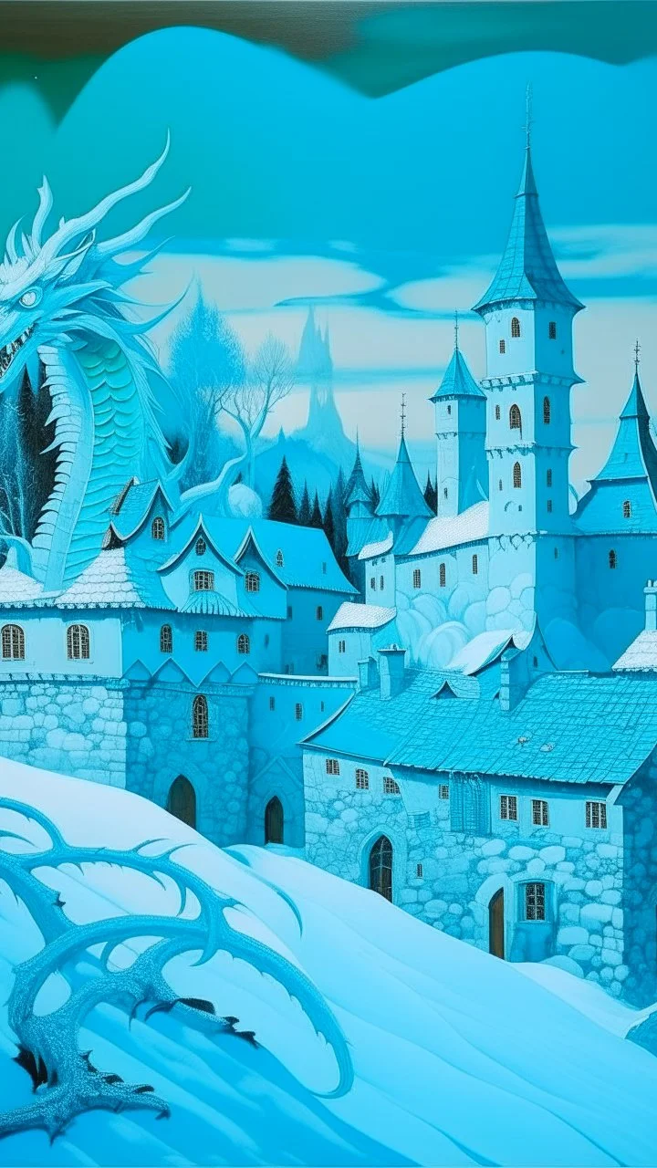 A cyan village with a castle with an ice dragon in winter season designed in German folk art painted by Andy Warhol