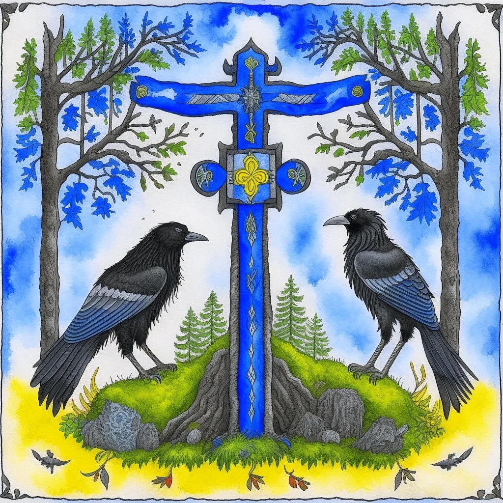 European pagan art with nature and runes and ravens and swedish flag