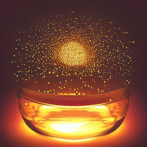 polaroid of a swarm of glowing fireflies inside a belljar, luminescent glow, moody, tender, photorealistic, octane render, golden hour