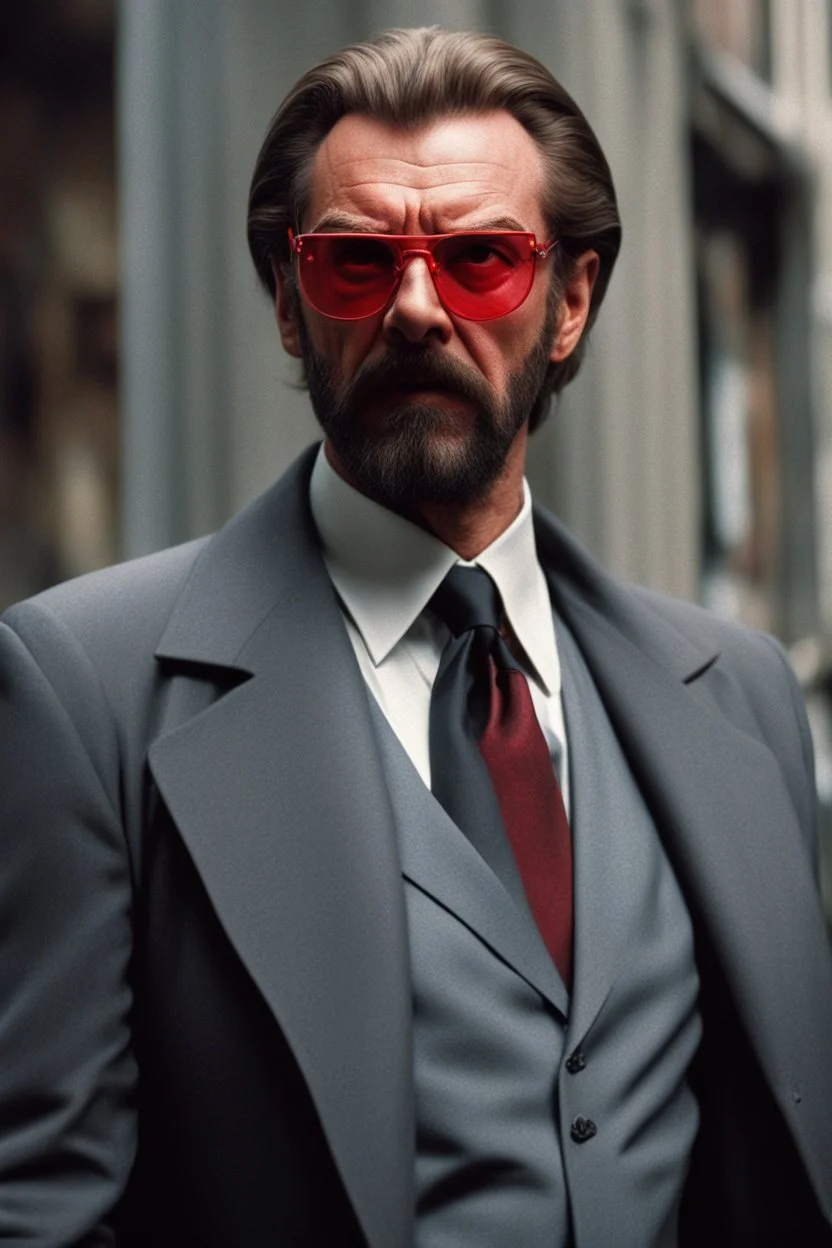 a badass, angry Hans Gruber wearing solid red glasses