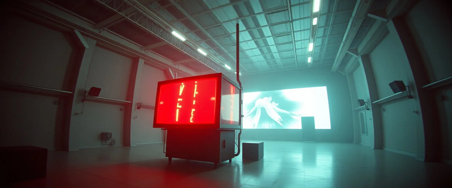 bille bil in the style of Escher and Giger and Fallout 4, pinhole cam, airbrush 3d rendering, on tv screen:A five-second cinematic single take in a clean industrial presentation hall.