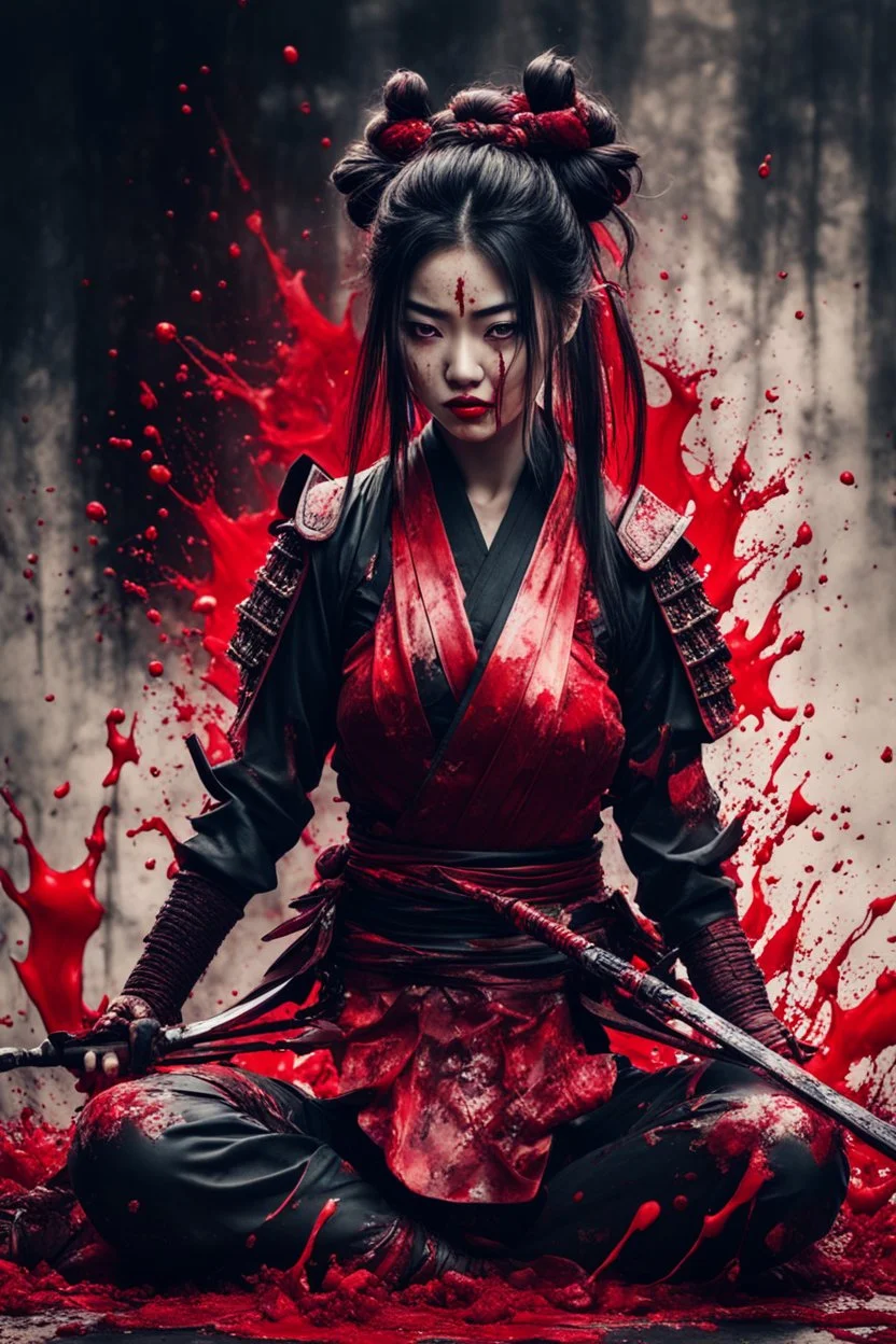 Tall girl samurai, siting pose, fullbody, face distorted with pain, splashes blood, behind guts rising from the ground, intricate, darkred tones, macro photography,