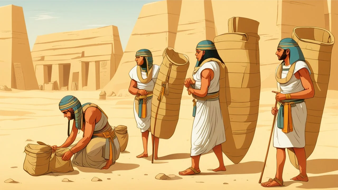 Ancient Egyptian soldiers tying large bags