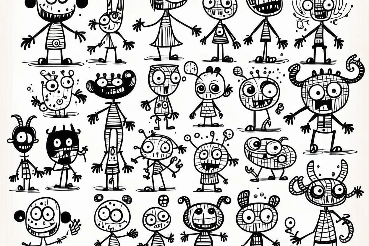 make a bunch of simple hand-drawn spooky and cute cartoon characters with bodies arms, and legs I could draw and make them all different make them looks like the 50s and 60s cartoon art