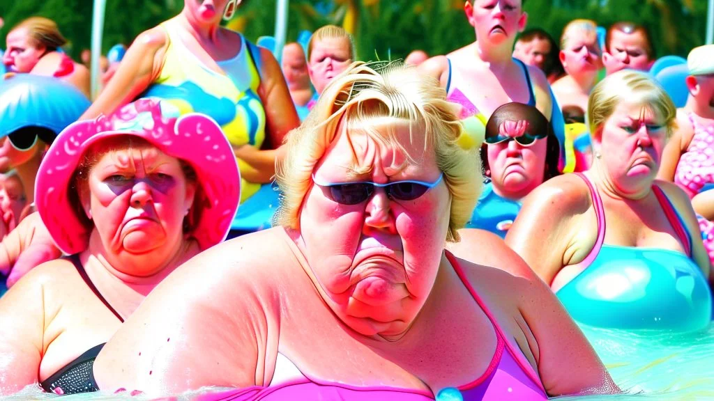 mother pouting at a crowded water park