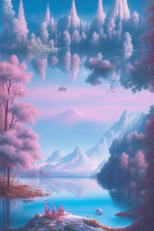  mountain topped with pink ice-cream, lake, trees, mystical, Orphism,