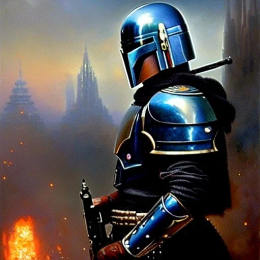 Jango Fett helmet, ancient metal helmet ,painting by gaston bussiere, greg rutkowski, yoji shinkawa, yoshitaka amano, tsutomu nihei, donato giancola, tim hildebrandt, cinematic composition, extreme detail, fit full head inside picture, muted colors