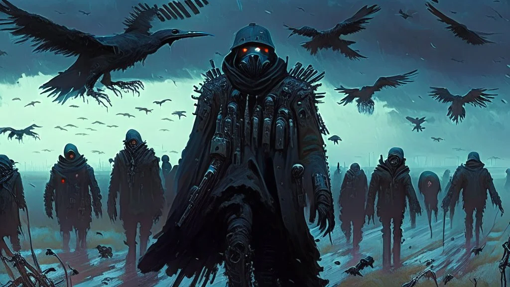 (Bio-engineered undead cyborg army) (menacing machines marching), ravens, glowing eyes, gas masks, dark winter landscape, techno gothic aesthetic, epic, science fiction painting, (Denis Sarazhin, Alex Colville, Simon Stålenhag, Neil Blomkamp, Christopher Shy, Alejandro Burdisio, Tye Myartinez, ominous sky), RAW, gritty, high contrast, atmospheric horror art, vivid, neon overlay, harsh textures, dramatic, surreal horror, ultraviolet light, into the black