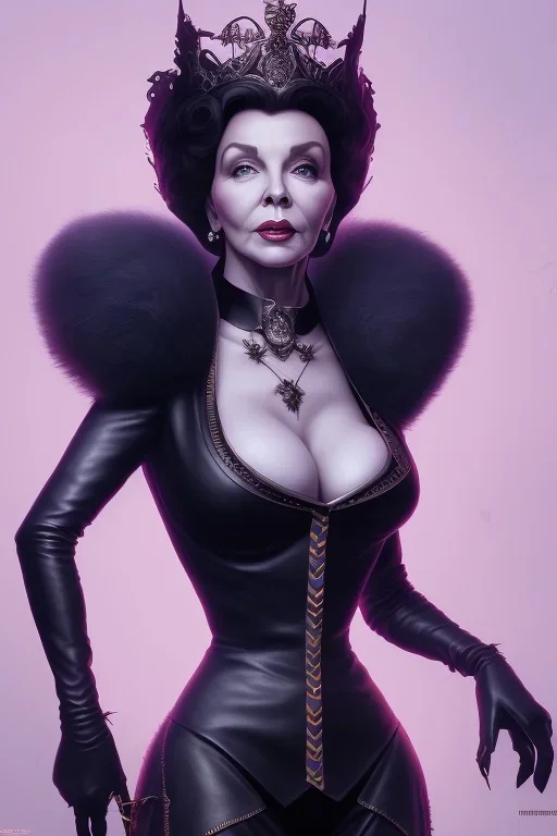 Joan Collins as evil queen in black leather, leather, busty, cleavage, angry, stern look. character design by cory loftis, fenghua zhong, ryohei hase, ismail inceoglu and ruan jia. unreal engine 5, artistic lighting, highly detailed, photorealistic, fantasy