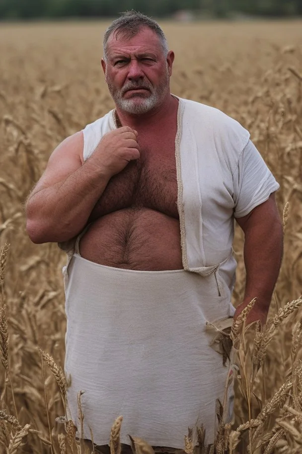 photography of a relaxing tired burly chubby stocky muscular tattooed sicilian farmer 60 years old under the sun sitting down in a wheat field,, ugly, manly chest, sweat, with the shirt open, bulging boxer, frontal view from the ground, 35mm lens , countryside