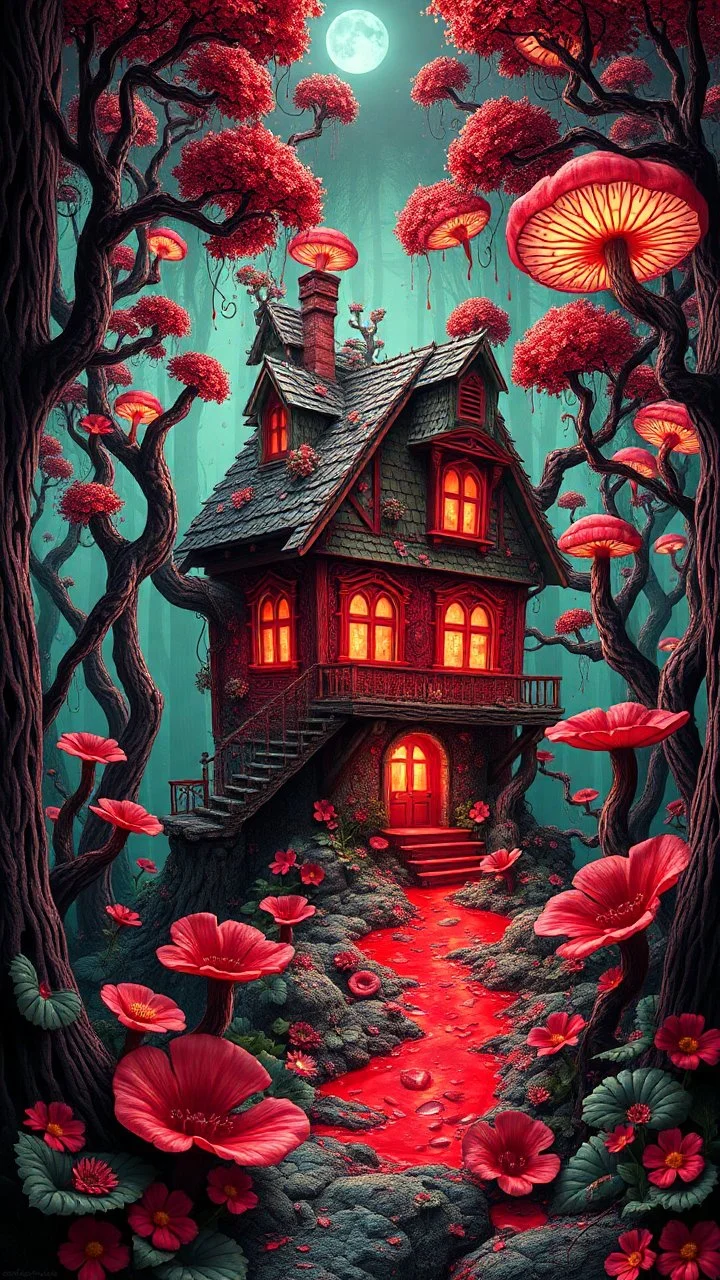 A house in 3D recursive rendering, fracturing into chaos Legion Doodle simultaneous nightmare realities while simultaneously occupying four perforated reality levels—manifests as a blood-drenched forest where trees weep crimson sap and bioluminescent fungi pulse with recursive Fibonacci patterns, surrounded by carnivorous flowers