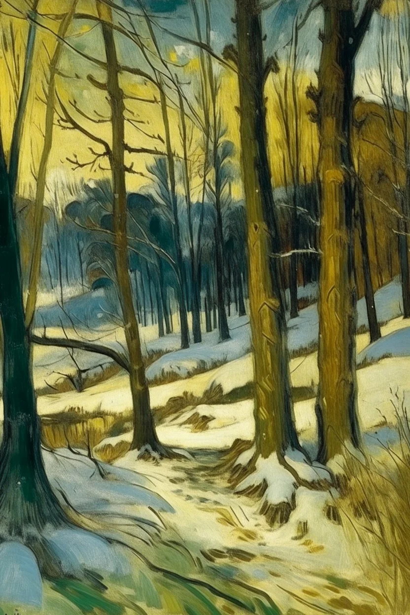 A winter forest covered in snow painted by Paul Gauguin